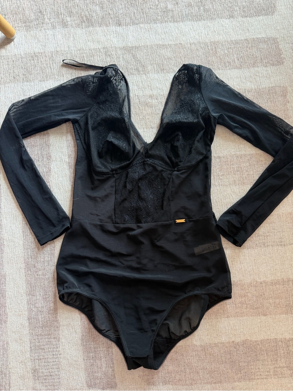 Grossard Black Long-Sleeve Lace-Detail Bodysuit